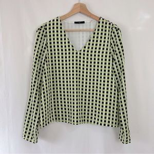 Tahari Green and Black Plaid V Neck Blouse M